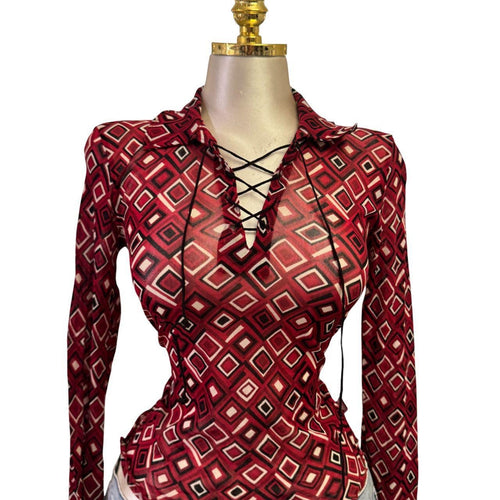 Y2K Vintage Red Black Diamond Geometric Mesh Top [M]