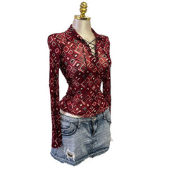 Y2K Vintage Red Black Diamond Geometric Mesh Top [M]