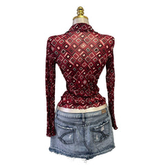 Y2K Vintage Red Black Diamond Geometric Mesh Top [M]