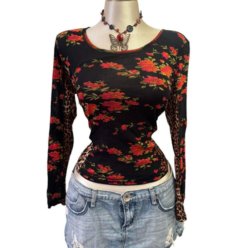 Y2K Vintage Black Red Floral Cheetah Top [M] [L]