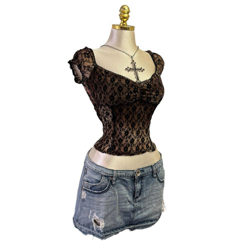 Y2K Vintage Brown Black Lace Floral Top [S]
