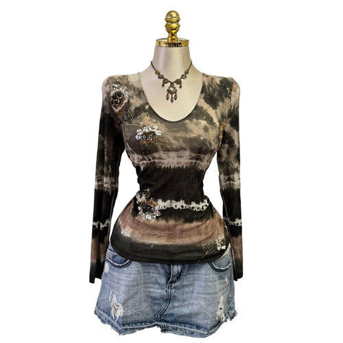 90s Vintage Tie Dye Brown Olive Green Black Silver Floral Sequin Top [L]