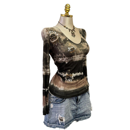 90s Vintage Tie Dye Brown Olive Green Black Silver Floral Sequin Top [L]