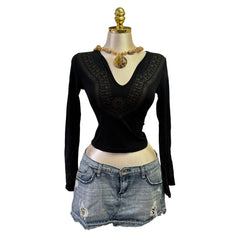 90s Vintage Black Print V Neck Top  [S]