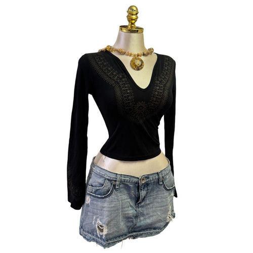 90s Vintage Black Print V Neck Top  [S]