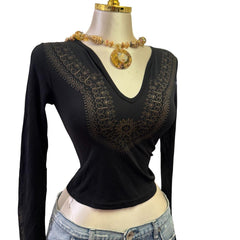 90s Vintage Black Print V Neck Top  [S]