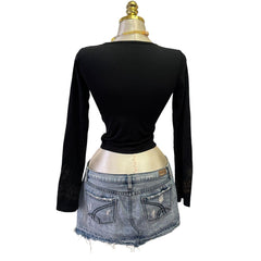 90s Vintage Black Print V Neck Top  [S]