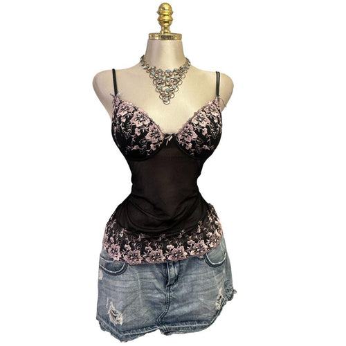 Y2K Vintage Black Pink Floral Sheer Embroidered Bustier Top  [M]
