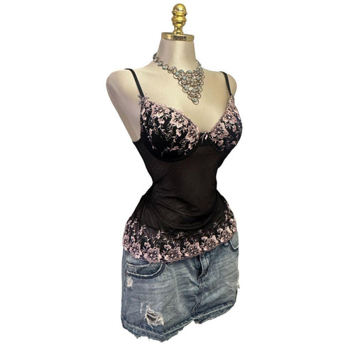 Y2K Vintage Black Pink Floral Sheer Embroidered Bustier Top  [M]