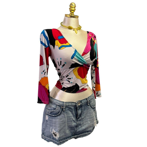 Y2K Vintage Multicolour V Neck Graphic Top  [S]