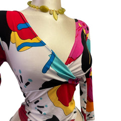 Y2K Vintage Multicolour V Neck Graphic Top  [S]