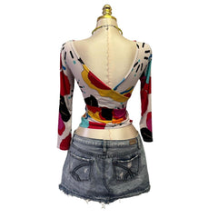 Y2K Vintage Multicolour V Neck Graphic Top  [S]