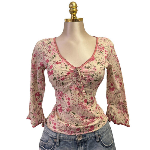 Y2k Vintage White Pink Floral Studded V-Neck Top [S]