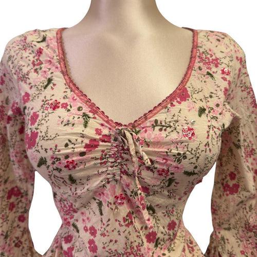 Y2k Vintage White Pink Floral Studded V-Neck Top [S]