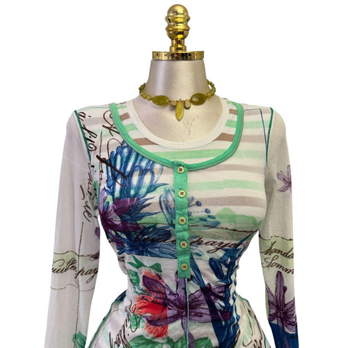 Y2K Vintage White Green Floral Multi-color Top [M]