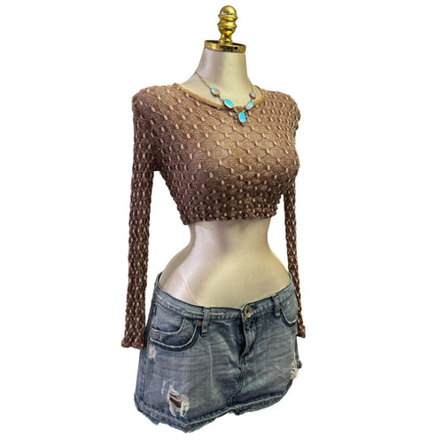 90s Vintage Tan Crop Long Sleeve Knit Mesh Top  [XS]