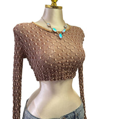 90s Vintage Tan Crop Long Sleeve Knit Mesh Top  [XS]