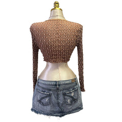 90s Vintage Tan Crop Long Sleeve Knit Mesh Top  [XS]
