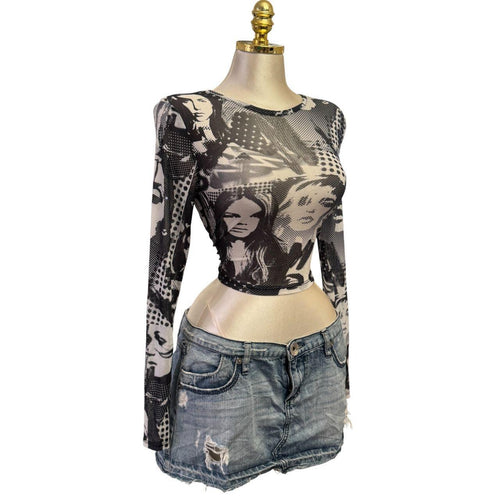 Y2K Vintage Black Gray People Pop Art Mesh Top  [M]