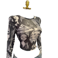 Y2K Vintage Black Gray People Pop Art Mesh Top  [M]