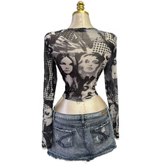 Y2K Vintage Black Gray People Pop Art Mesh Top  [M]