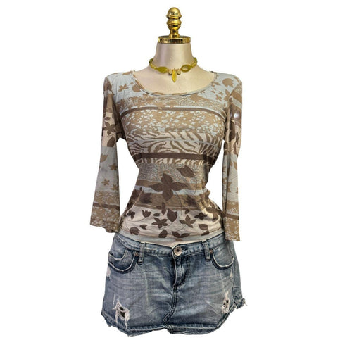 Y2K Vintage Baby Blue Brown Animal Print Floral Top  [M]