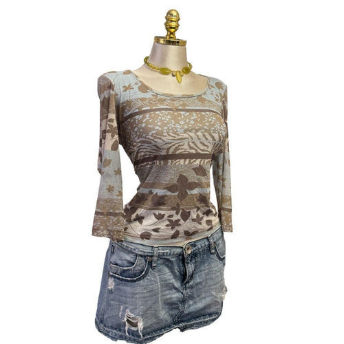Y2K Vintage Baby Blue Brown Animal Print Floral Top  [M]