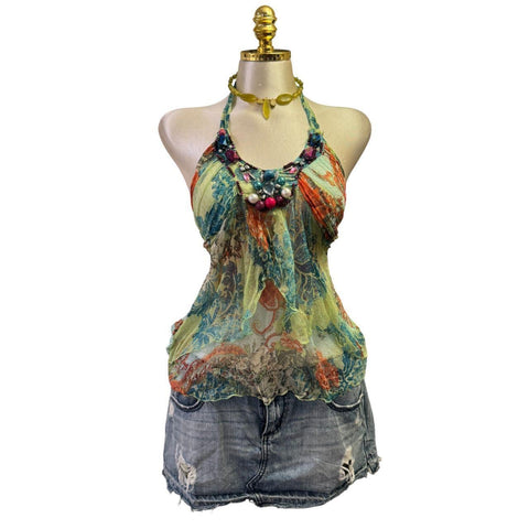 Y2K Vintage Desigual Red Black Beaded Sequin Asymmetrical Neck Top [S]