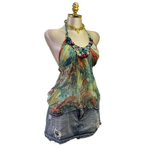 90s Vintage Aqua Green Multicolour Halter Beads Silk Top  [XS]