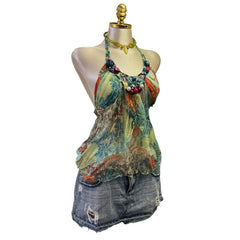 90s Vintage Aqua Green Multicolour Halter Beads Silk Top  [XS]