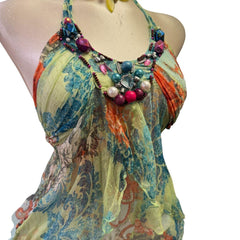 90s Vintage Aqua Green Multicolour Halter Beads Silk Top  [XS]