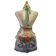 90s Vintage Aqua Green Multicolour Halter Beads Silk Top  [XS]