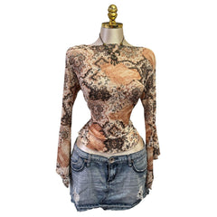 90s Vintage Brown Tan Butterfly Sleeves Top  [XL]