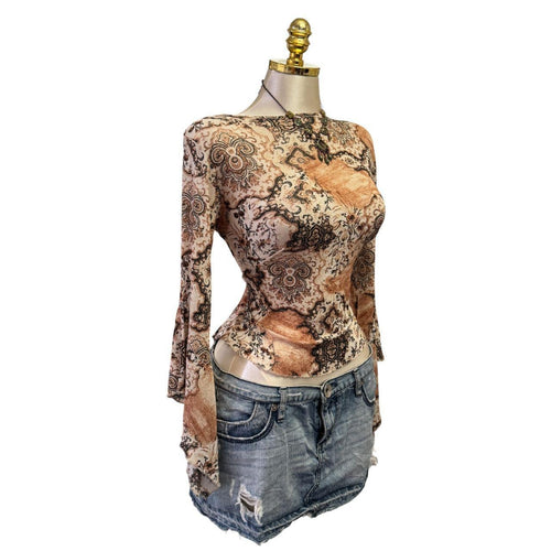 90s Vintage Brown Tan Butterfly Sleeves Top  [XL]