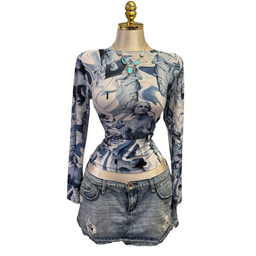 Y2K Vintage Blue Face Print Top  [M]