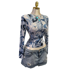 Y2K Vintage Blue Face Print Top  [M]