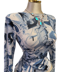 Y2K Vintage Blue Face Print Top  [M]