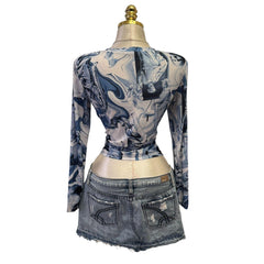 Y2K Vintage Blue Face Print Top  [M]