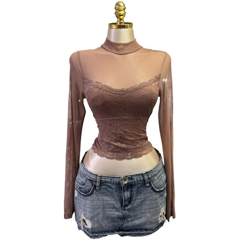 Y2K Vintage Beige Nude Mesh Lace Long Sleeve Top [S]