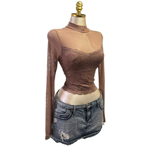 Y2K Vintage Beige Nude Mesh Lace Long Sleeve Top [S]