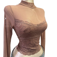 Y2K Vintage Beige Nude Mesh Lace Long Sleeve Top [S]