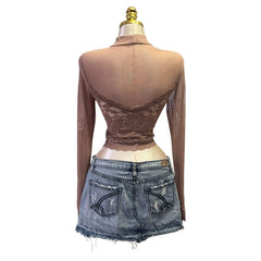 Y2K Vintage Beige Nude Mesh Lace Long Sleeve Top [S]