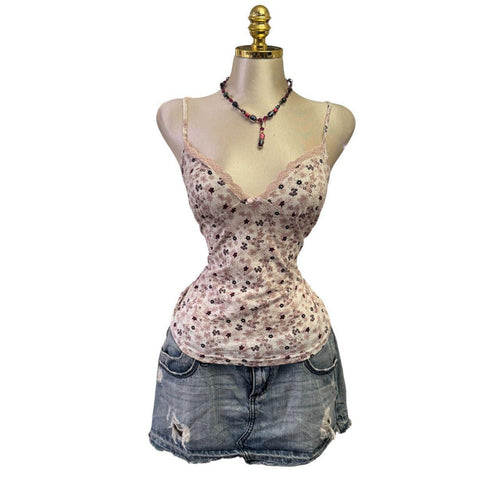 Y2K Vintage Baby Pink Purple Floral Tank W/ Floral Lace Trim Top [M]