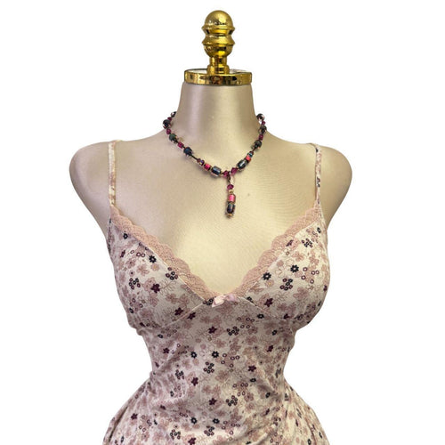 Y2K Vintage Baby Pink Purple Floral Tank W/ Floral Lace Trim Top [M]