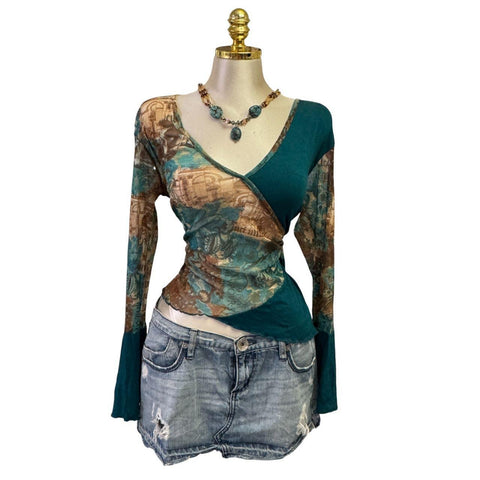 90s Vintage White Mesh W/ Black Red Beige Tie-dye Lining Top  [L]