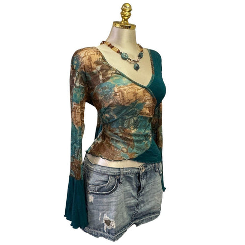 90s Vintage Teal Blue Brown Floral Flare Sleeve Top  [L]