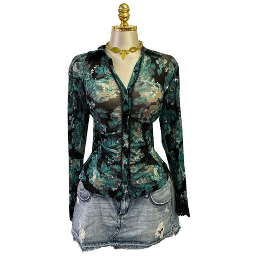 90s Vintage Teal Blue Black Floral Mesh Crochet Sleeve Top [XL]