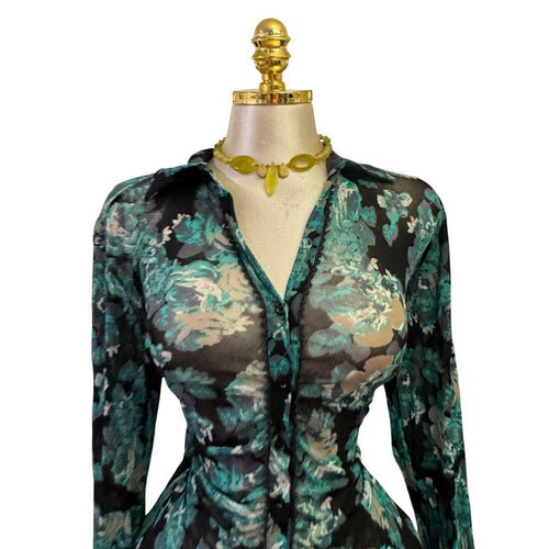 90s Vintage Teal Blue Black Floral Mesh Crochet Sleeve Top [XL]