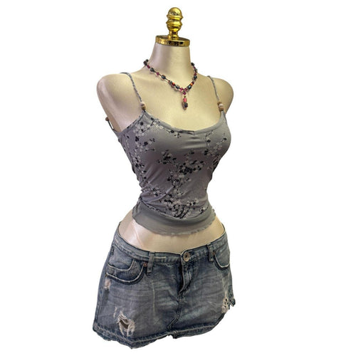 90s Vintage Greyish Blue Floral Top