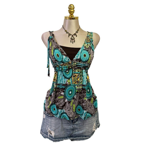 90s Vintage Baby Blue Brown Artsy Tie Back Top [M]